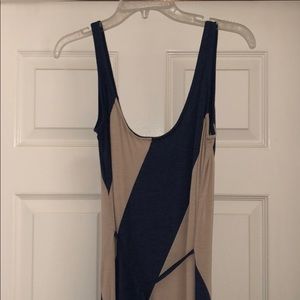 Tan and blue striped maxi dress